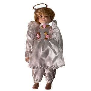 Angel Doll Porcelain Face Blonde Hair Gold Halo White Satin‎ Outfit 9 Inch